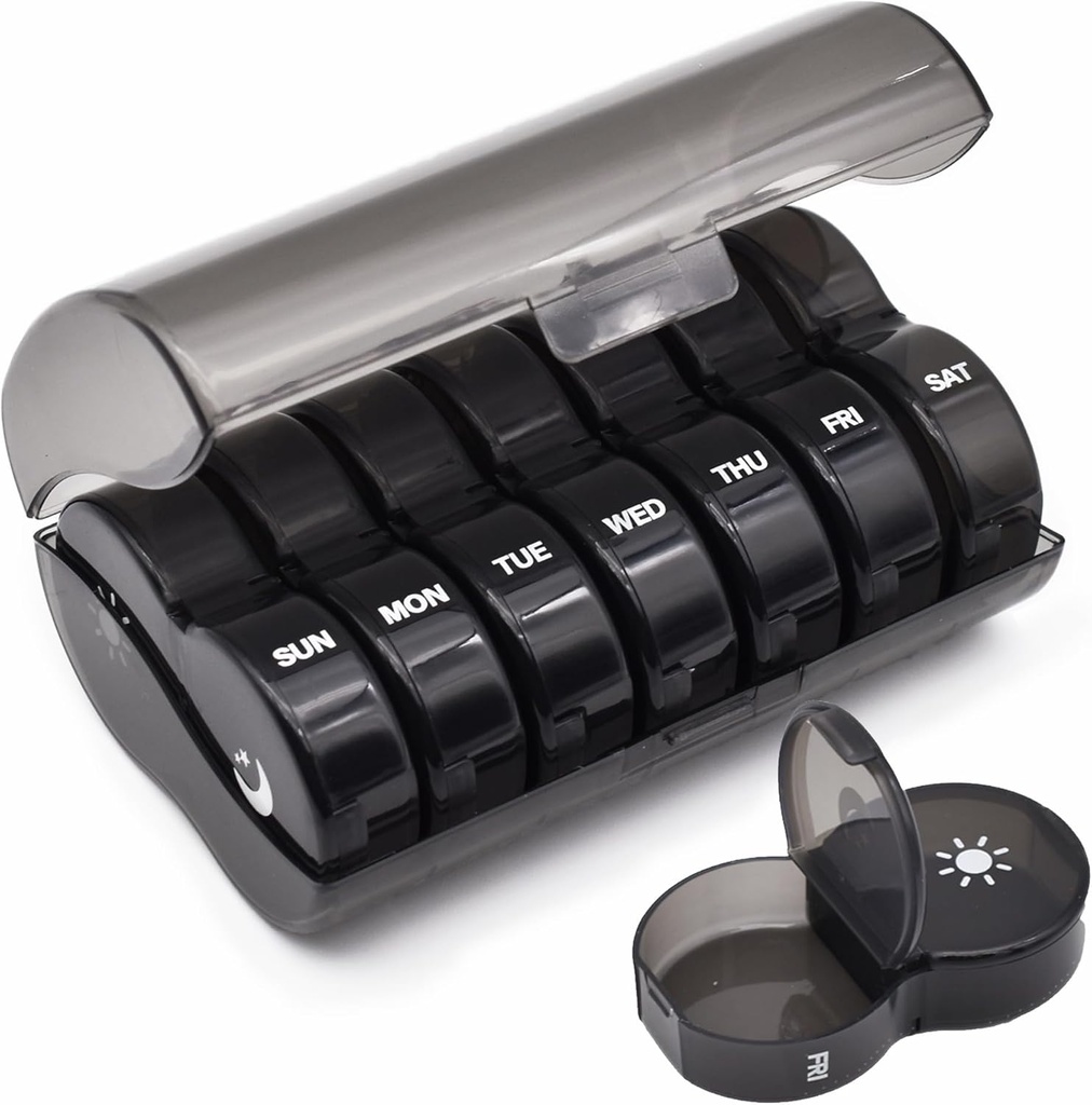 Haftalık Pill Organizer, Büyük 7 Gün Pill Case, Daily Vitamin Case Medicine Box, AM/PM Pill Containers for Medicine Supplements Fish Oil (Black)