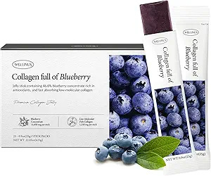 Koreli Collagen Jelly Sticks - 25 Blueberry Flavored Marine Collagen Peptide Snacks for Anti-Aging- Collagen protein Sugar-Free, Travel Packs for Hair & Nail Strength