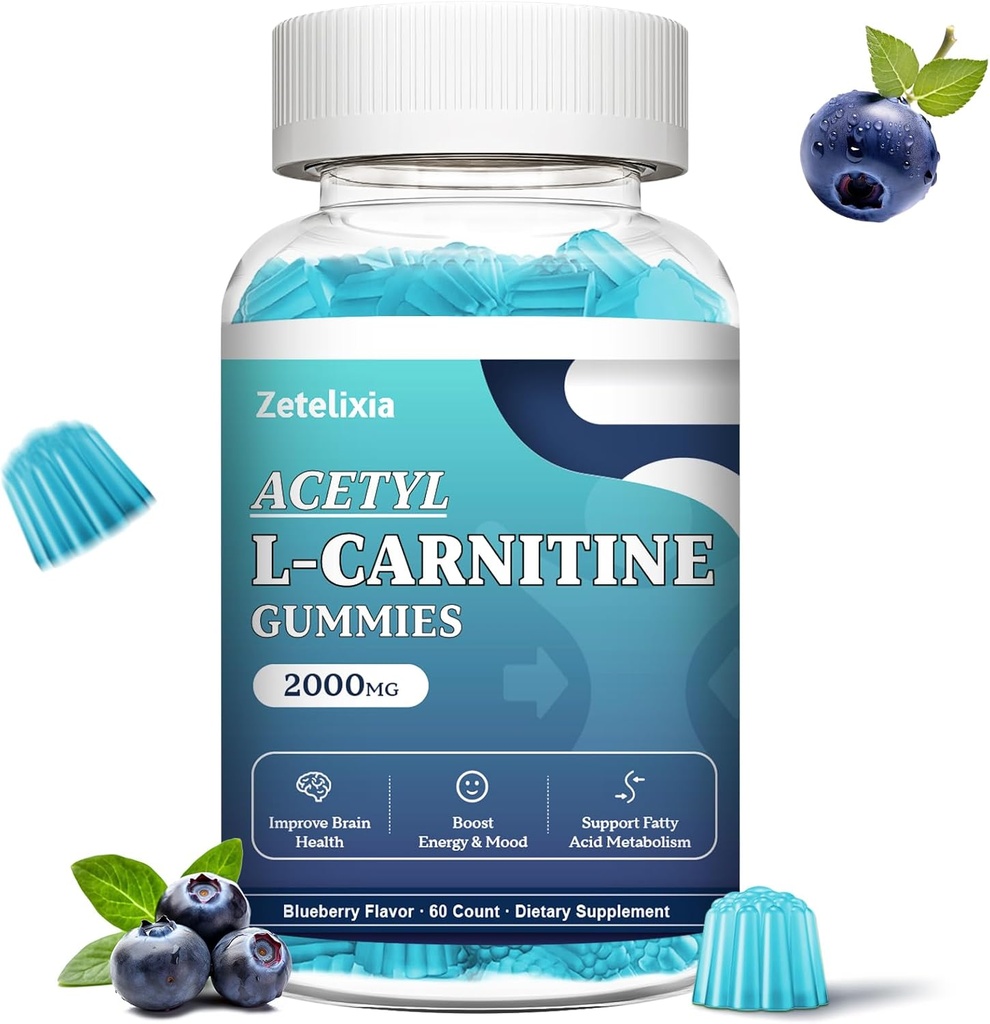 Sugar Free Acetyl L-Carnitine Gummies, L-Carnitine Supplement for Women & Men, C & B12, ALCAR for Energy, Brain & Heart Health Support, Vegan, Non-GMO, 60 Count