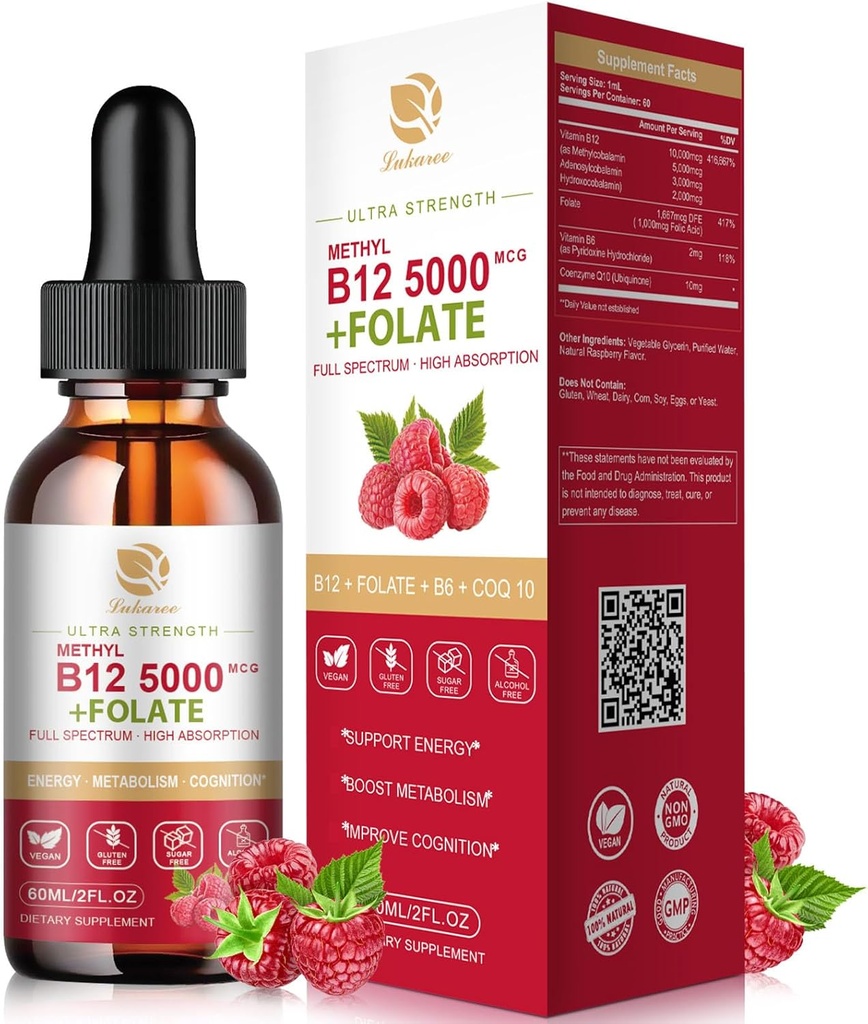 Lukaree Vitamin B12 Sublingual Drops Vegan B12 Vitamins Sıvı-Full Spectrum-Methylcobalamin, Adenosyl & Hydroxy B12, Enerji için Focus, Mood & Immune Support- 2 Ay Supply, 2 fl oz