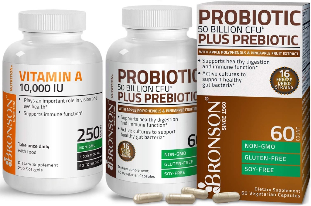 Bronson Probiyotik 50 Milyar CFU + Prebiyotik with Apple Polyols & Pineapple Fruit Extract + A 10.000 IU Premium Non-GMO Formula