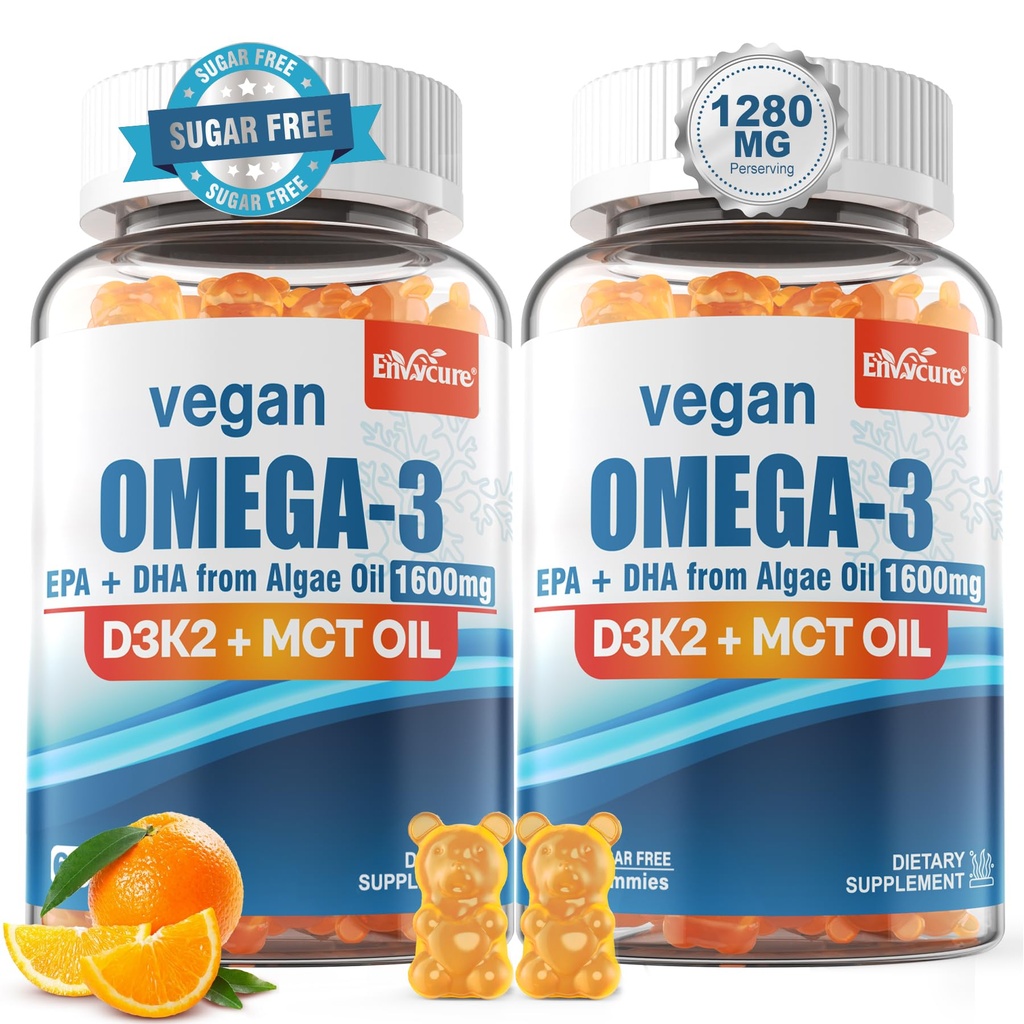Vegan Omega 3 Gummies 1280mg + Vitamin D3 K2 (MK7), Omega 3 Fish Oil Alternative for Adults, w/Algae EPA 600mg & DHA 400mg, MCT Oil - No Fish Taste - for Brain, Eye, Immune Health, Sugar Free, 2 Pack