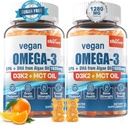 Vegan Omega 3 Gummies 1280 mg + Vitamin D3 K2 (MK7), Omega 3 Fish Oil Alternative for Yetişkinler, w/Algae EPA 600 mg & DHA 400 mg, MCT Oil - No Fish Taste - for Brain, Eye, Immune Health, Sugar Free, 2 Pack