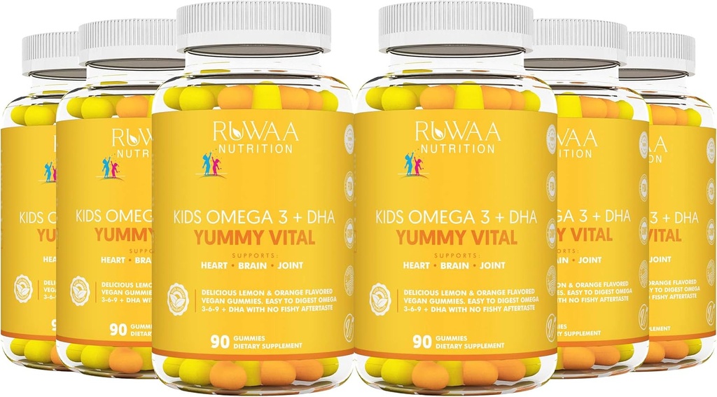 RUWAA NUTRITION Kids Omega 3 Gummies DHA EPA Omega 3 Supplement Kids. No Fish Oil After-Taste Vegan Omega 3 6 9 + DHA Gummies & Vitamin C. Bilişsel Sağlık, Focus, Vizyon. Çocuklar Omega 3 540ct (6)