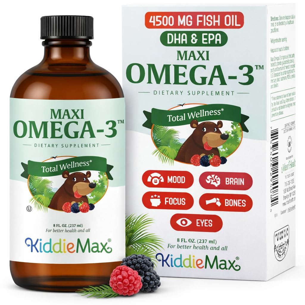 Maxi Health Omega 3 for Kids Supplement – Kosher Omega 3 Kids Fish Oil Sıvı with DHA & EPA – Sıvı Fish Oil Supplement with Fruity Burst Flavor to Support Mood, Brain, Focus, Bones & Eyes (8 oz)