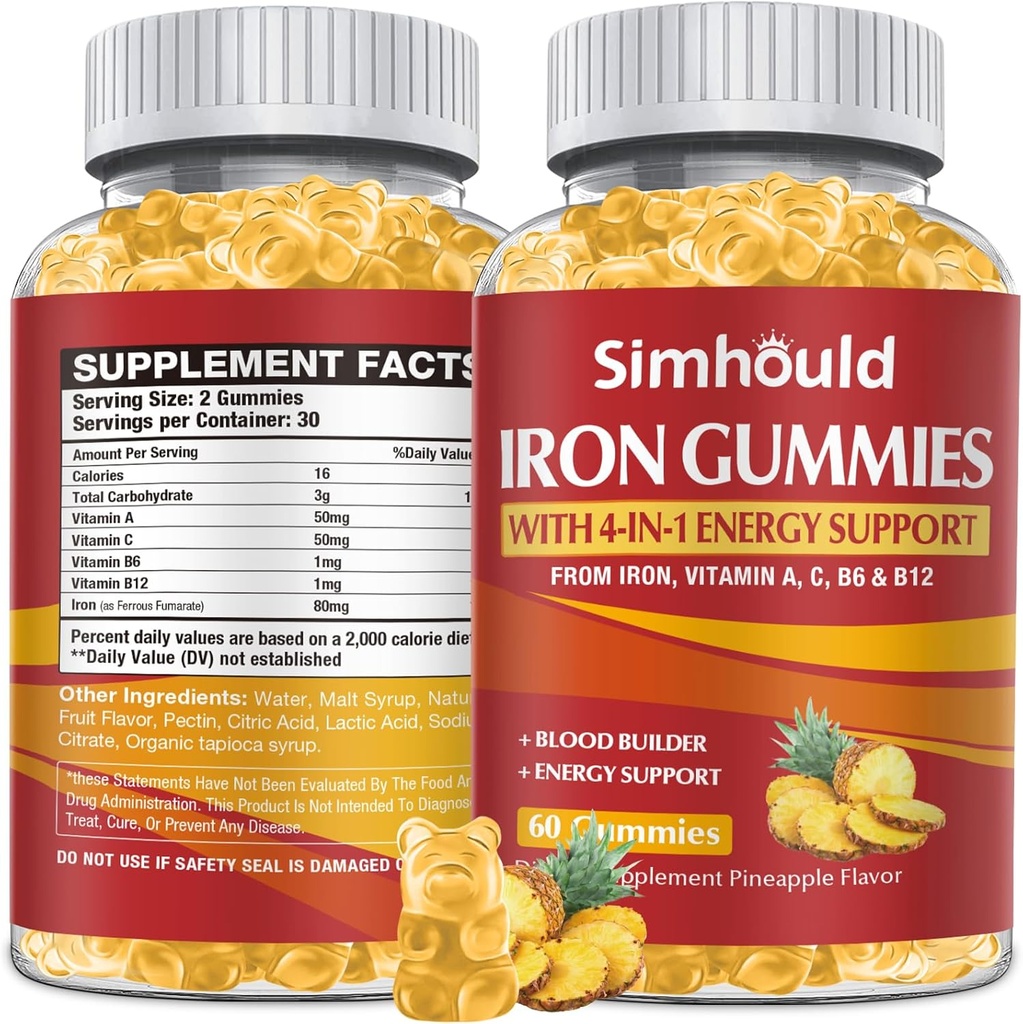 1 Pack Vegan 80MG Iron Supplement Gummies for Women & Men - Vitamin A, C, B for Yetişkinler & Çocuklar - Blood & Builder & Energy Support for Iron Deficiency, Anemia - 60 Counts Pineapple Flavor Gummies