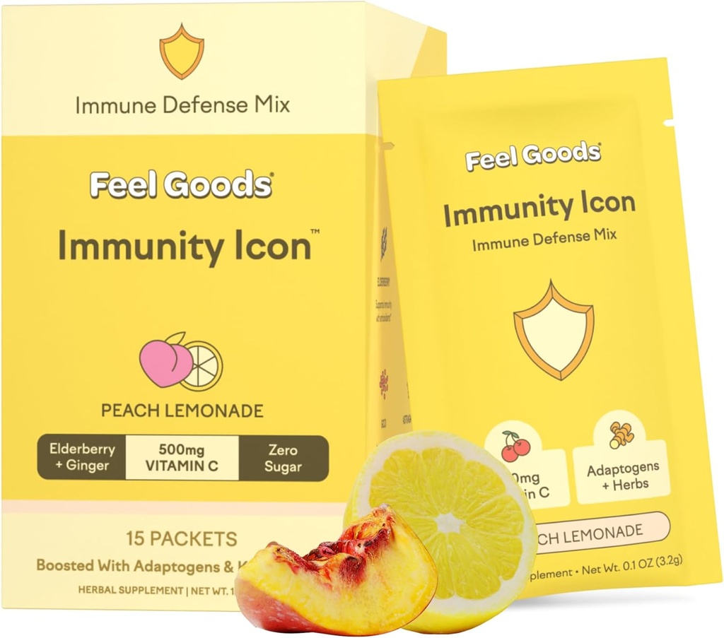 Feel Goods Immunity Icon, Zero Sugar, Vitamin C, A, B, D, E & çinko, Organik Elderberry, Ashwagandha, Drink Mix Toz, Vegan, GMO, Caffeine & Gluten Free | Peach Lemonade, 15
