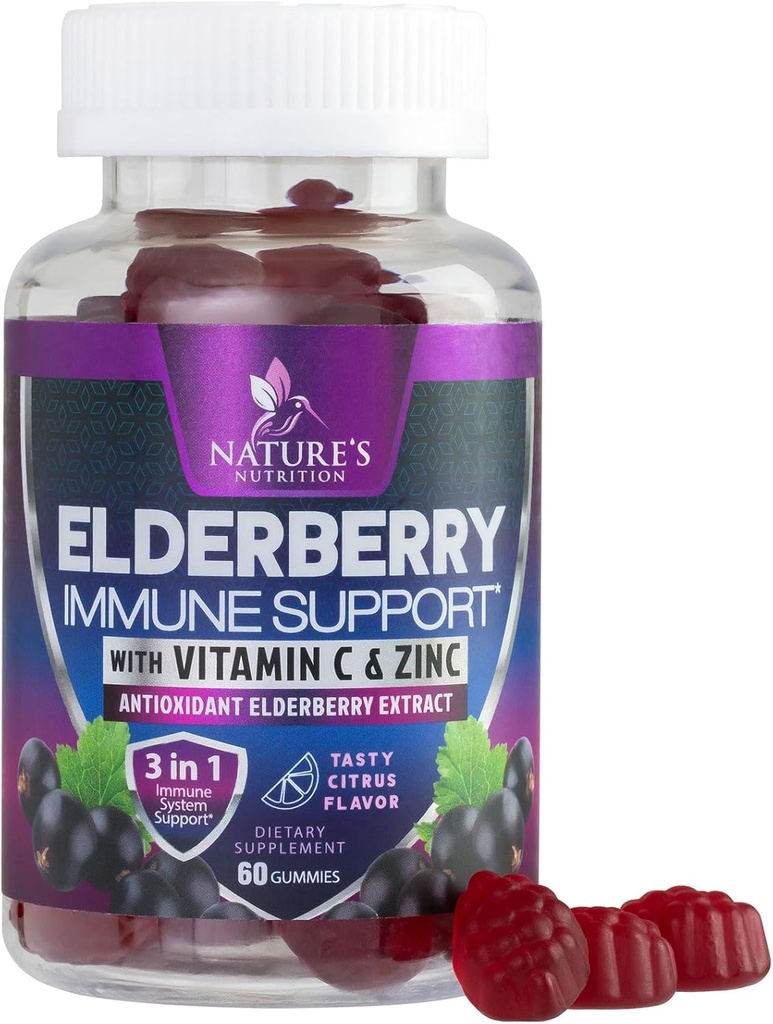 Ανοσοποιητική υποστήριξη Gummies - Sambucus Elderberry Gummy με Elder Berry Extract, Ψευδάργυρος & Βιταμίνη C, Φυσικό συμπλήρωμα υποστήριξης Vegan ανοσοποιητική για ενήλικες & παιδιά, Gummy Elderberry Vitamins - 60 Gummies