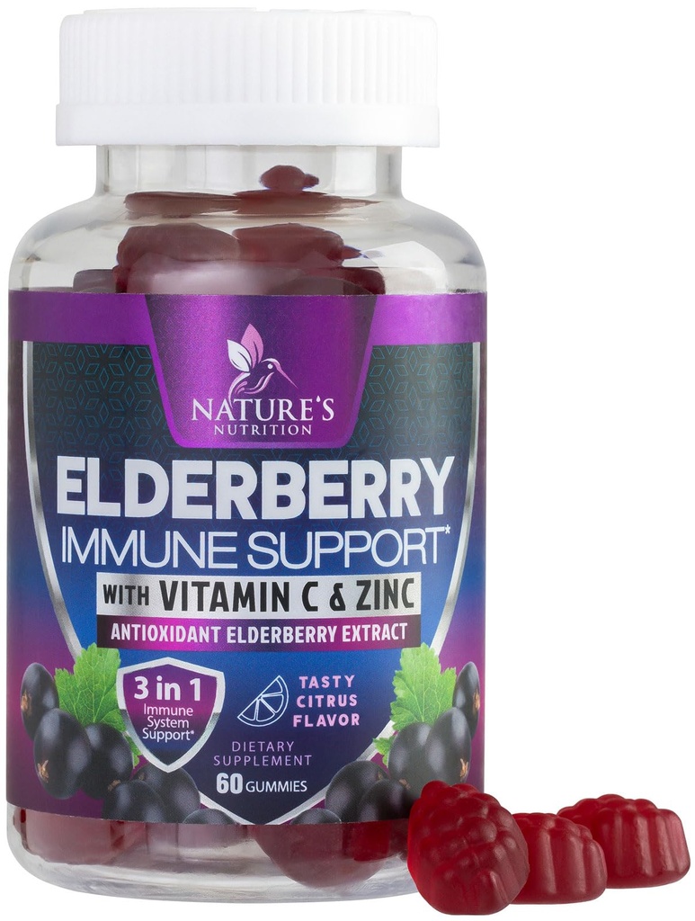 Immune Support Gummies - Sambucus Elder Gummy with Elder Berry Extract, çinko & Vitamin C, Natural Vegan Immune Support Supplement for Yetişkinler & Çocuklar, Gummy Elderberry Vitamins - 60 Gummies