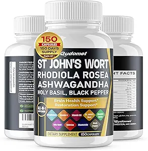 St. John's Wort Rhodiola Rosea Ashwagandha Holy Basil Chamrian Chamomile Black Pepper -150 Capsules- Made in USA