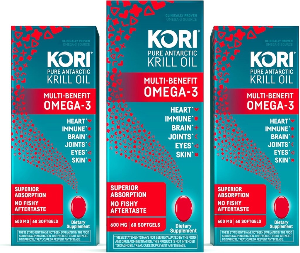 Kori Krill Oil Omega 3 Superior Abxia Oil Supplement, EPA & DHA, 600 mg, 180 Softgels