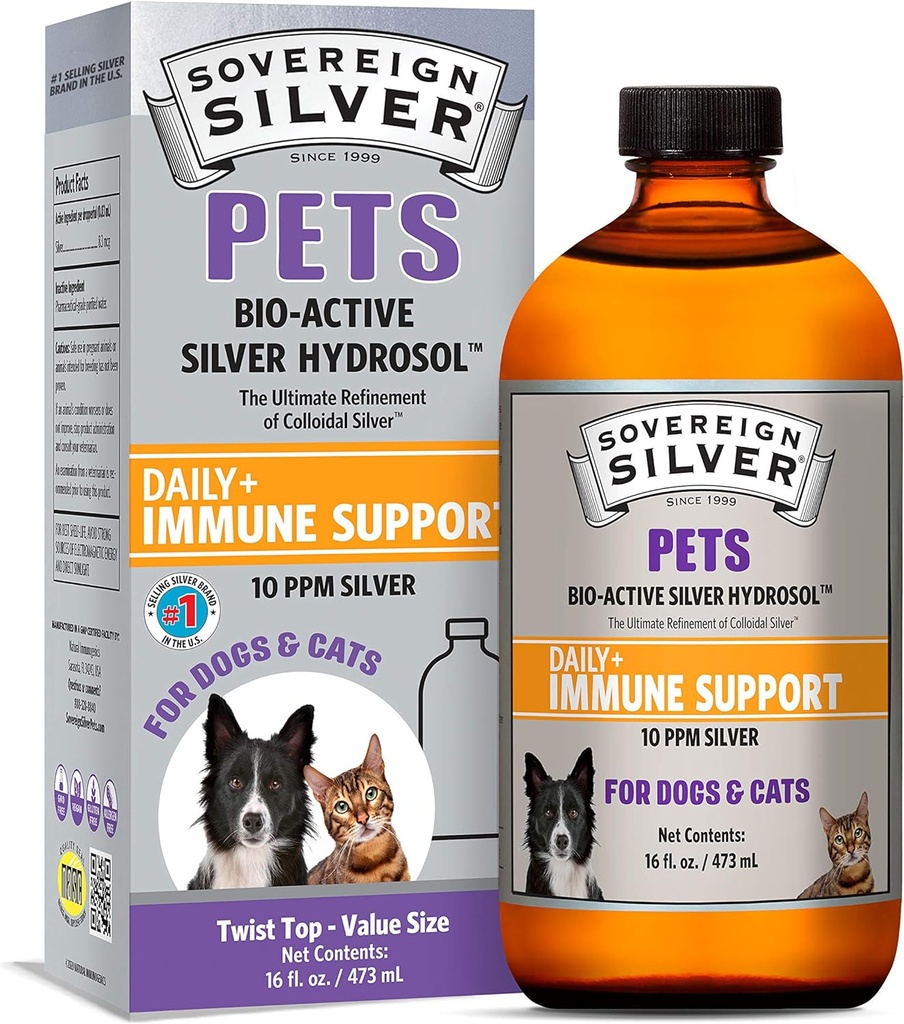 Sovereign Silver Pets Immune Support - Colloidal Silver, Bio-Active Silver Hydrosol, köpekler ve kediler için, 10 ppm, Liquid Twist Top, 16 Fl Oz, (473 mL)