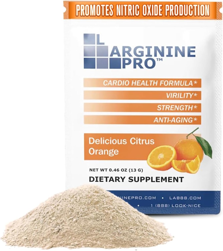 L-ARGININE PRO Supplement Powder | 30 Packets Single Serve Travel Size | 5,500mg of L-arginine Plus 1,100mg L-Citrulline, Orange