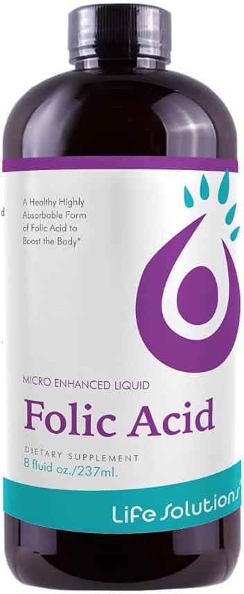 Life Solutions Liquid Folic Acid Supplement – 800 mcg Vitamin B9 hizmet başına – Berry Flavor, 8 fl oz – Hızlı Aborpsiyon, Prenatal, Heart & Brain Support