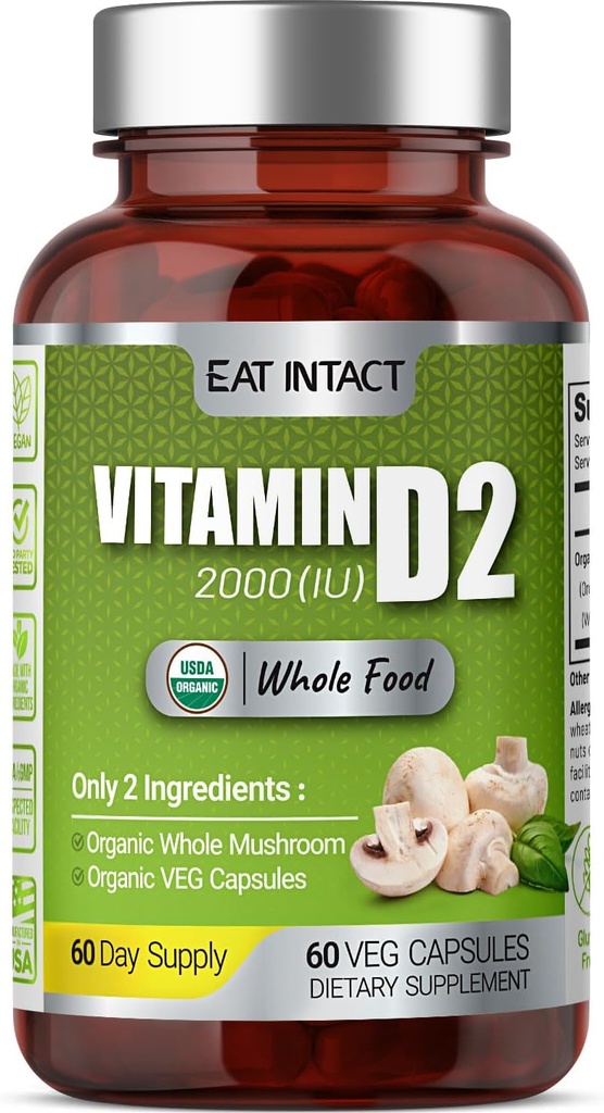 Vegan Tüm Gıda Vitamini D, 2000 IU (50 mcg), D2, İki Malzemeler (Organic Whole Mushroom and Organic Vegan Capsule), Non-GMO, Üçüncü Parti Test Edildi, 60 Day Supply
