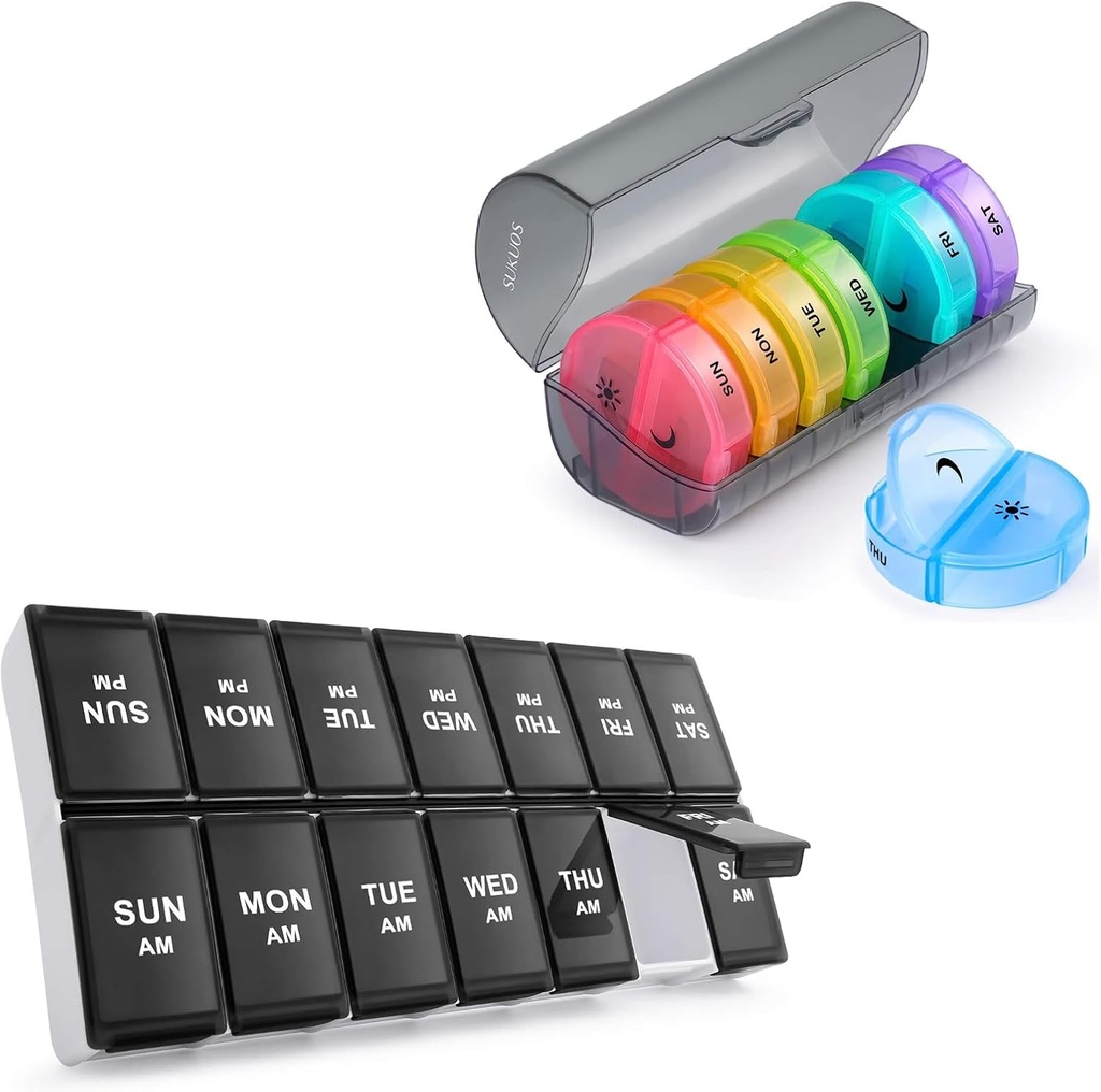 2 Pack Weekly Pill Organizer 7 Day 2 Times a Day, Sukuos Büyük Günlük Pill Box for Pills/Vitamin/Fish Oil /Supplements, Faraday Free Pill Cases, Easy to Clean to Clean