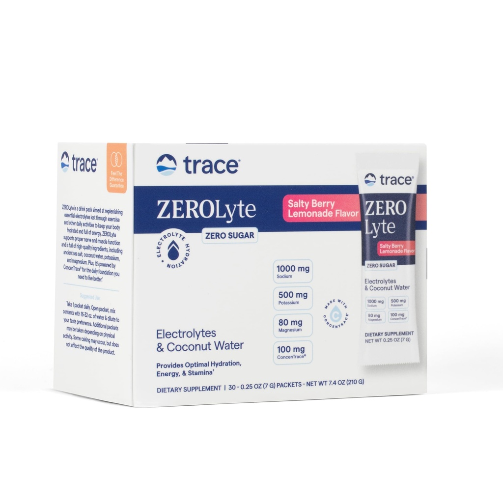 Trace Minerals ZeroLyte - Drink Mix Σκόνη Υποστηρίζει την ενυδάτωση & την ενέργεια - Βοηθήματα Υγιεινή νευρωνική & μυϊκή λειτουργία - Υποστηρίξτε την υγεία της καρδιάς & της πέψης - Αλμυρή λεμονάδα καρπού, 30 πακέτα (30 υπηρεσίες)