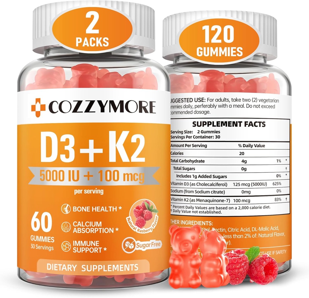 Şeker Ücretsiz Vitamin D3 K2 Gummies, Vitamin D Gummies Supplement, 10000 IU + 200mcg D3 ve K2 Supplements, Tasty Gummy Vitaminleri, Bones Kas Dişleri Immune için Destek, 60 Gummies, Raspberry
