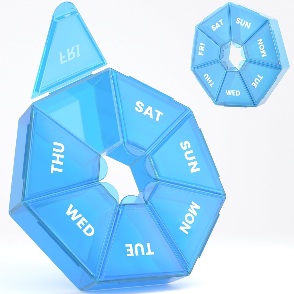 Haftalık Pill Organizer, 2 Pack Portatif Pill Box Tıp davası 6 Renk (Seven Day) Vitamin/Fish Oil /Pills/Supplements-Arthritis Friendly (Mavi)