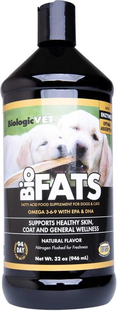 BiologicVET BioFATS - Περιέχει Ωμέγα 3, 6 & 9 - με EPA, DHA & ALA - για Σκύλο & Γάτα - Δέρμα & Κοινή Υγεία Υποστήριξη - Περιλαμβάνει Ψάρια, Φλαύκο & Ελαιόλαδο - 32 fl. oz.