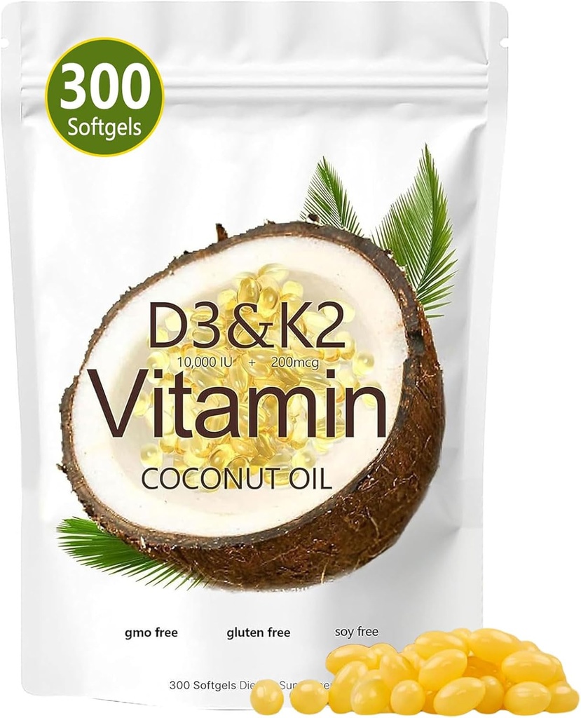 D3 K2 Yumuşakgel, D3 K2 Vitamin 10000 İ, 10000 İIT D3 + 200 MCG Vitamin K2, GMO, Gluten, Soy, Bone Health, Supportsuba Abor, 300 Gels