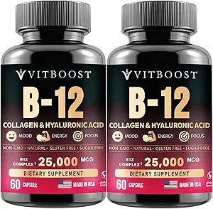 B12 Methylcobalamin with Hyaluronic Acid, Collagen, and Folate – 25000 mcg Supplement Enhance Absorption & Boost Energy | Gluten-Free, Made in USA, B1, B2, B3, B6, B7 Complex - Pack of 2