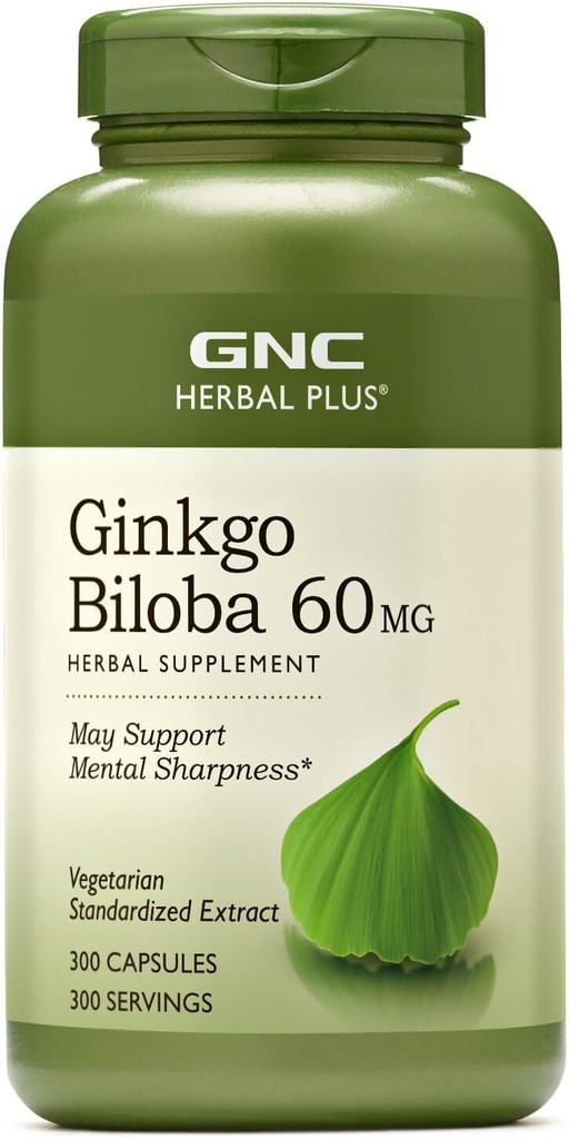 GNC Herbal Plus Ginkgo Biloba 60mg συμπλήρωμα, χορτοφάγοι, υποστηρίζει ψυχική οξύτητα, 300 υπηρεσίες