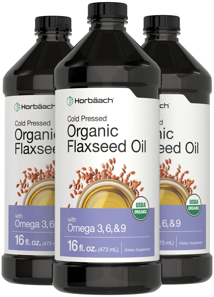 Horbäach Organic Flaxseed Oil | 3 Pack | 16 fl oz Her | Cold Pressed | Omega 3, 6, 9 | Vegetarian, Non-GMO, Gluten Free Liquid