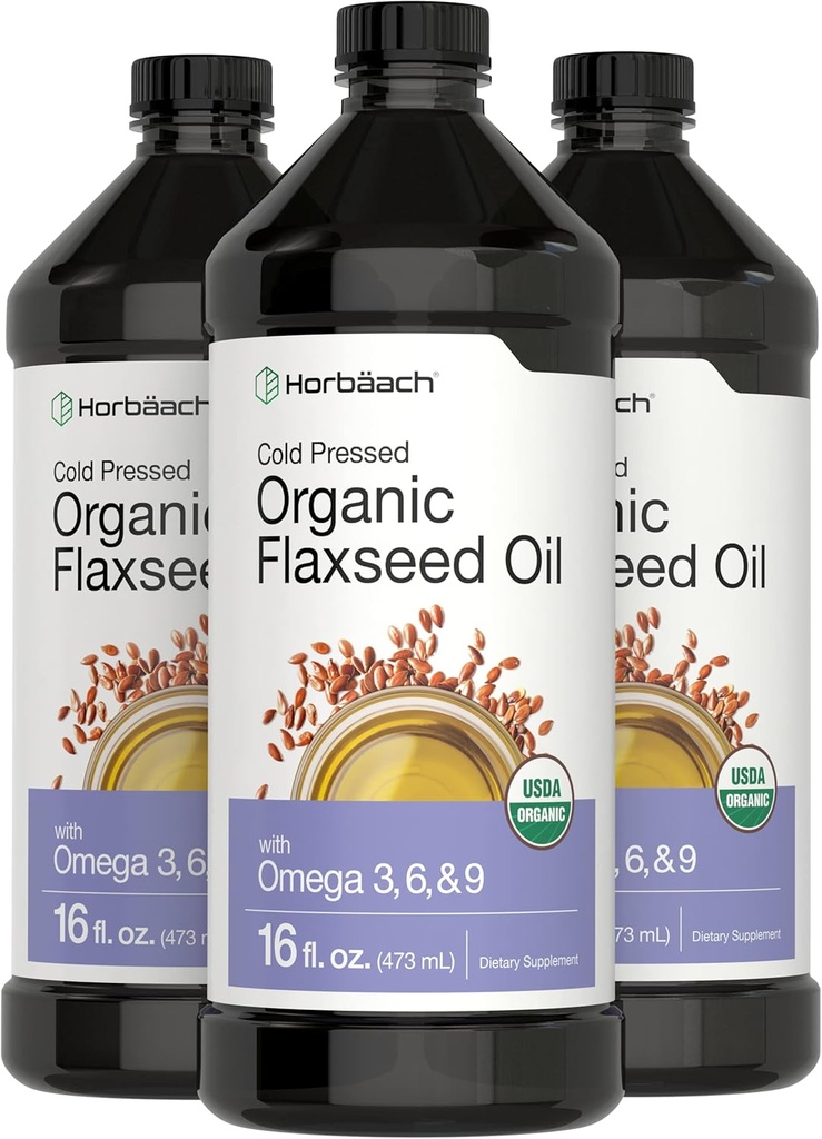Horbäach Organic Flaxseed Oil | 3 Pack | 16 fl oz Her | Cold Pressed | Omega 3, 6, 9 | Vegetarian, Non-GMO, Gluten Free Liquid
