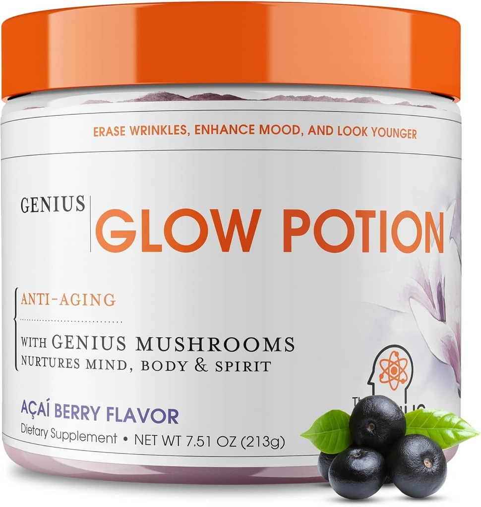 The Genius Brand Genius Glow Potion - Daily Skincare Supplement for Glowing Skin - Supports Hydration, Elasticity, Immune Health & Brain Function - Powered by Nootropics - Acai Berry - 30 Servings