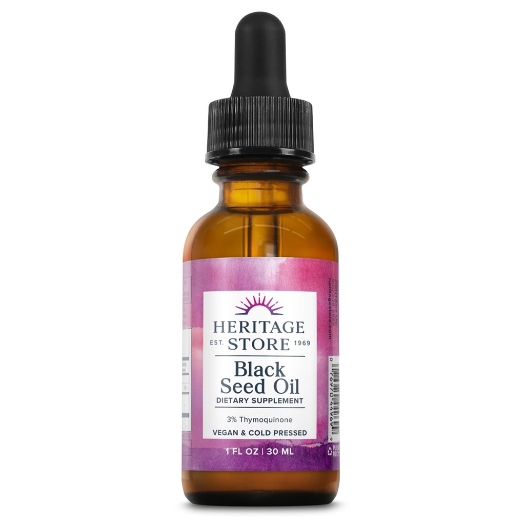 HERITAGE ΚΑΤΑΣΤΗΜΑ Black Seed Oil w/ 3% Thymoquinone, Omega 6 9 - Nigella Sativa Liquid Oil, Ψυχρό Πιέζεται από Μαύρους Σπόρους, αρθρώσεις, πέψη και ανοσοποιητική υποστήριξη, Vegan, 60-Day Εγγύηση, 30 Serv, 1 fl oz