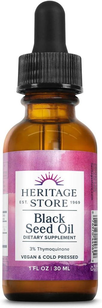 HERITAGE STORE Black Seed Oil w/ 3% Thymoquinone, Omega 6 9 - Nigella Sativa Sıvı Petrol, Siyah Tohumlar, Ortaklar, Digestion ve Immune Support, Vegan, 60 Günlük Garanti, 30 Serv, 1 fl oz