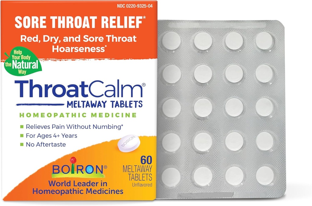 Boiron ThroatCalm Tablets for Pain Relief from Red, Dry, Scratchy, Sore Throats and Hoarseness - 60 Count