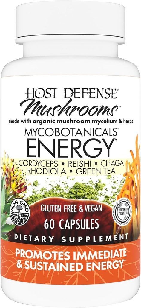Host Defense MycoBotanicals Energy* Capsules - Energy & Respiratory Support Supplement - Herbal Green Tea Capsules - Respiratory Supplement with Cordyceps, Reishi & Chaga - 60 Capsules (30 Servisler)
