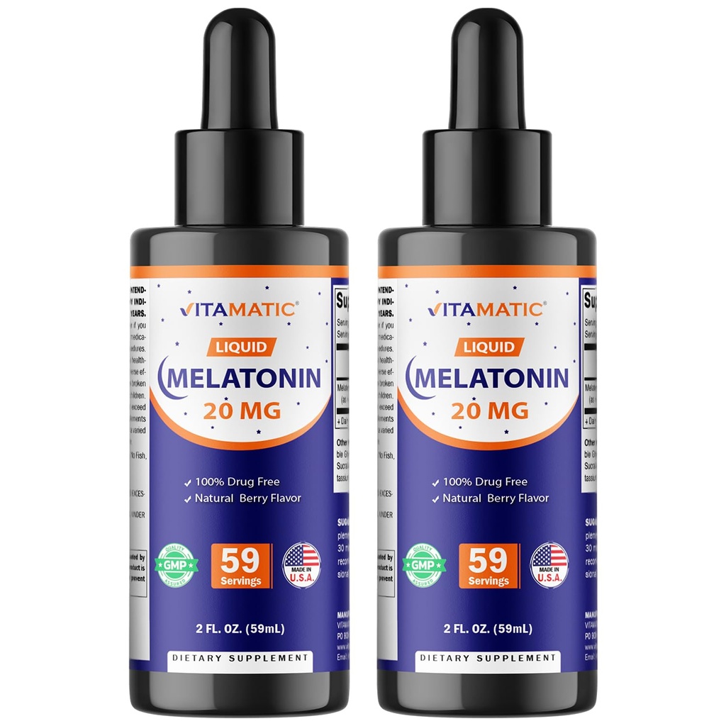Vitamatic 2-Pack Μελατονίνη 20mg Υγρές σταγόνες - 2 fl oz (59 ml) Κάθε - Φυσικό άρωμα μούρου - Μη ΓΤΟ, συμπλήρωμα χορτοφάγων για ενήλικες