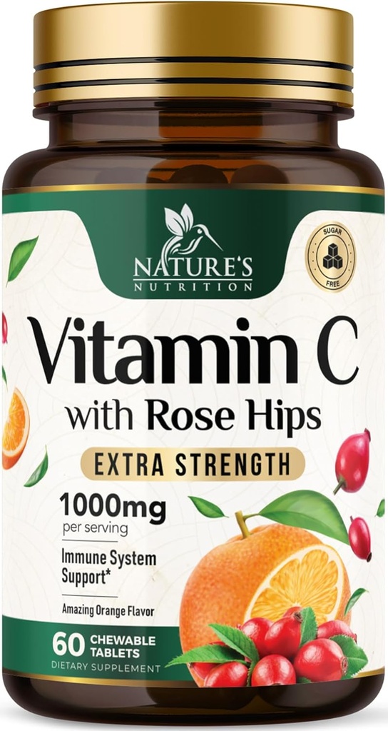 C Chewable 1000 mg - Güçlü Immune Support w/Vitamin C & Rose HIPS - Potent Dietary VIT C Chews Supplement, Natural Orange Flavor, Vegan, Non-GMO - 60 Tabletler