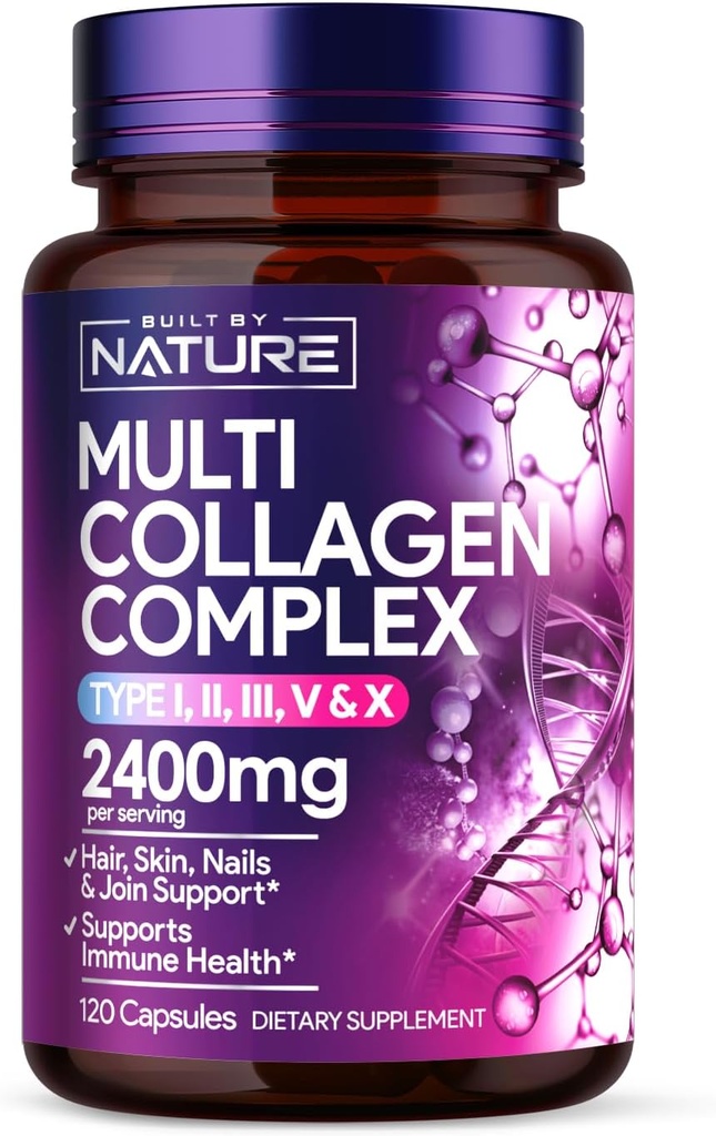 Χτισμένο από τη φύση Collagen χάπια – Multi Collagen Peptides Complex συμπλήρωμα για τις γυναίκες – Type I, II, III, V, X για τα μαλλιά, το δέρμα, νύχια, αρθρώσεις & την υγεία των οστών - Hydrolyzed, Grass-Fed - 120 κάψουλες