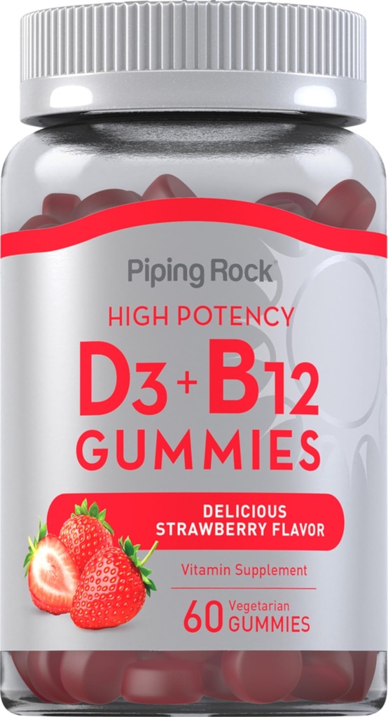Piping Rock D3 ve B12 Gummies | 60 Kont | Kadınlar ve Erkekler için Tamam | Yüksek Potency | Strawberry Flavor | Vegetarian, Non-GMO, Gluten Free