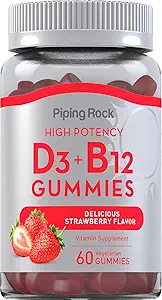 Piping Rock Vitamin D3 and B12 Gummies | 60 Count | Supplement for Women and Men | High Potency | Strawberry Flavor | Vegetarian, Non-GMO, Gluten Free