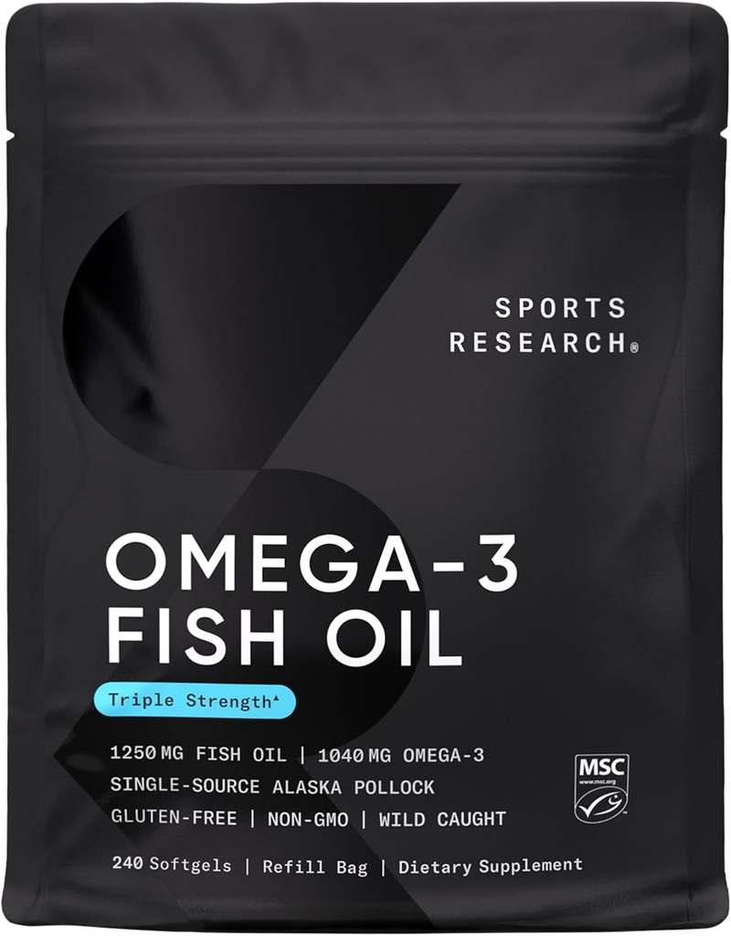 Sports Research Triple Strength Omega 3 Fish Oil - Burpless Fish Oil Supplement w/EPA & DHA Λιπαρά Οξέα από το Wild Alaskan Pollock - Heart, Brain & Immune Support for Men & Women - 1250 mg, 240 ct