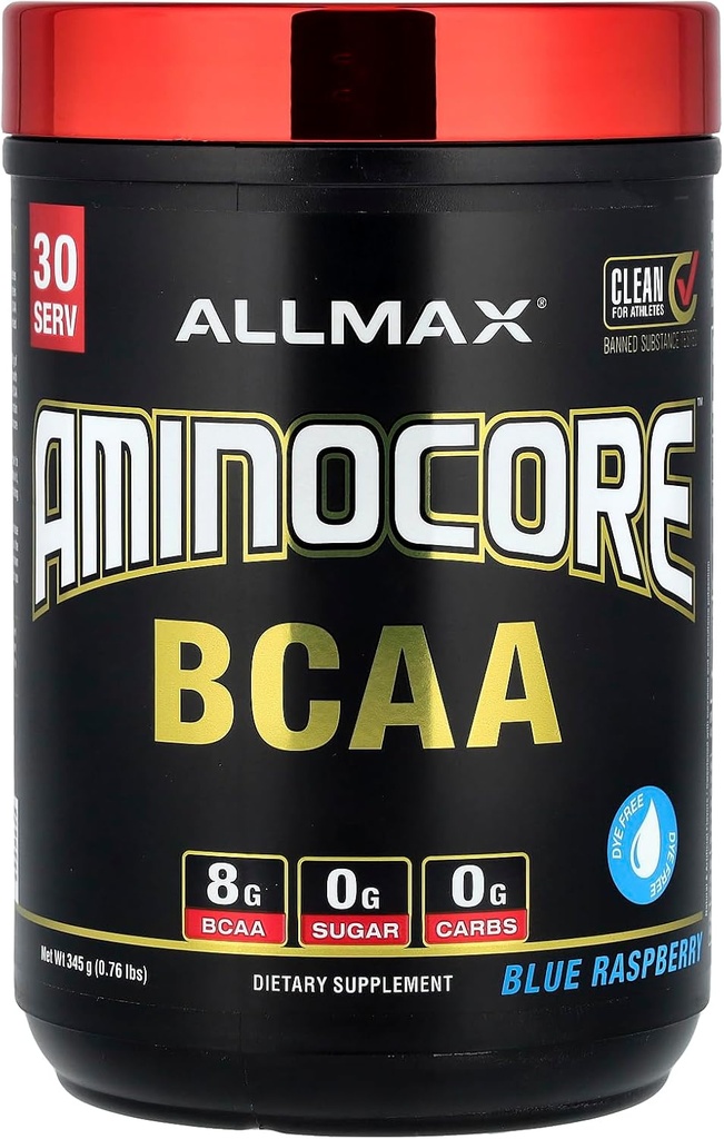 ALLMAX Διατροφή AMINOCORE BCAA – 8G BCAAs – 100% καθαρός κλάδος αλυσοδεμένα Αμινοξέα – Χωρίς γλουτένη - Μπλε σμέουρο - 315 γραμμάρια