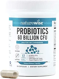 NatureWise Probiyotiks 60 Milyar CFU - 17 Strains + Organik Prebiyotikler - Immune, Digestive & Gut Health Support for Women & Men - Vegetarian, Gluten-Free, Non-GMO - 30 Capsules [Month Supply]