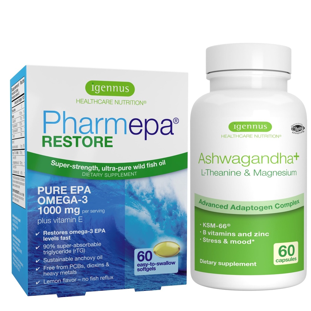 Igennus Pharmepa Restore + Ashwagandha+ L-Θεανίνη & Μαγνήσιο Bundle, 1000mg Αμιγής EPA Ωμέγα-3 ιχθυέλαιο + 600mg KSM-66 Ashwagandha Adaptogen Complex με ψευδάργυρο & βιταμίνες Β, Mood & Stress Support
