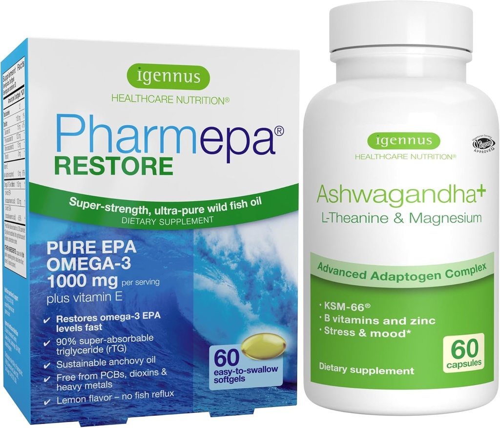 Igennus Pharmepa Restore + Ashwagandha+ L-Theanine & Magnezyum Sche, 1000 mg Pure EPA Omega-3 Fish Oil + 600 mg KSM-66 Ashwagandha Adaptogen Kompleks ile çinko & B Vitaminleri, Mood & Stres Desteği
