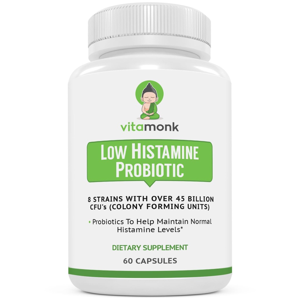VitaMonk Low Histamine Probiyotikleri Histamine intolerance and Support Balanced Gut Health - Histamine Free Probiyotik for those Seeking Health Improvements with Histamine Control -60 Capsules