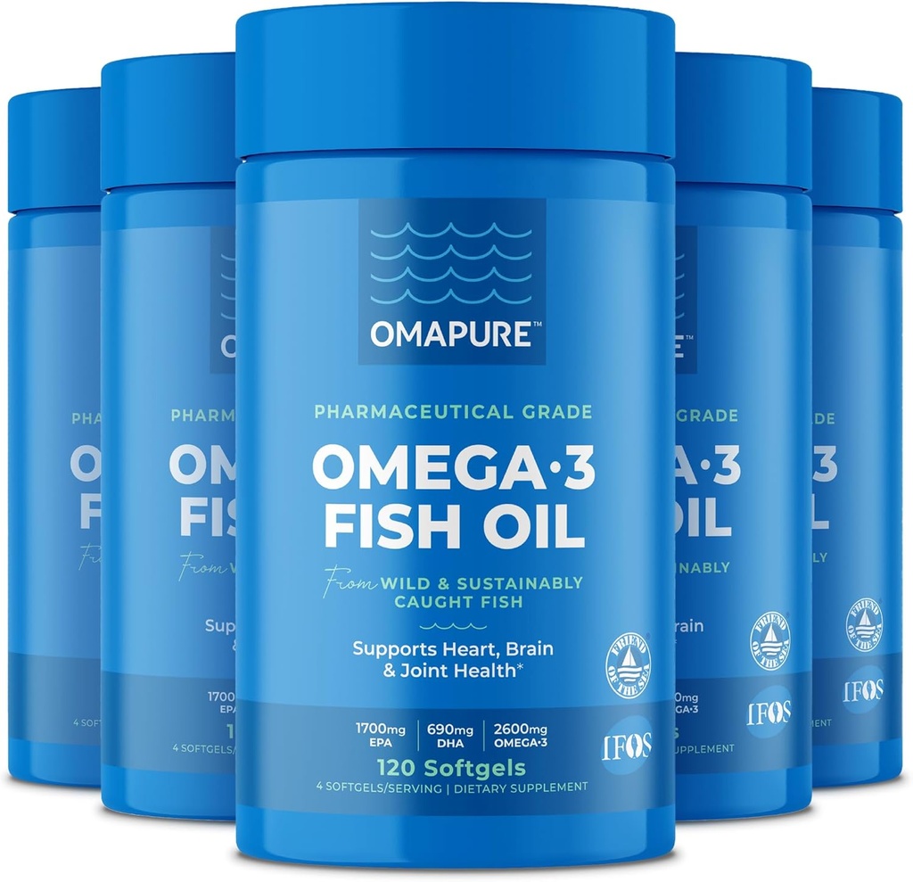 Balık Yağı Omega 3 Fatty Acids (5 Şişe, 120 Softgels) - Yüksek EPA, DHA ve IFOS Balık Petrol Pilleri Kalp ve Ortak Sağlığı Destekliyor - Burpless Balık Yağı Beyin Fonksiyonlarını Teşvik Ediyor