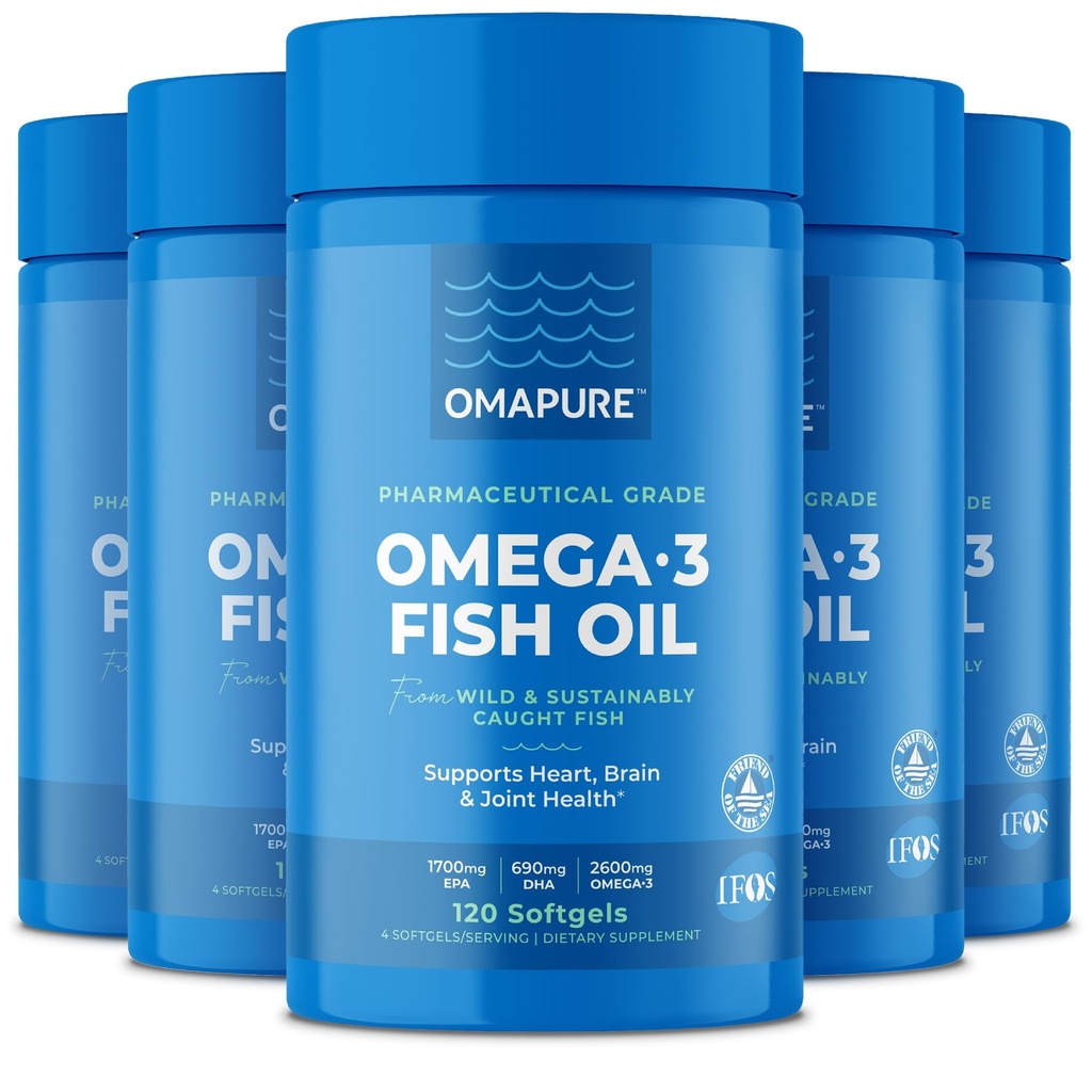 Balık Yağı Omega 3 Fatty Acids (5 Şişe, 120 Softgels) - Yüksek EPA, DHA ve IFOS Balık Petrol Pilleri Kalp ve Ortak Sağlığı Destekliyor - Burpless Balık Yağı Beyin Fonksiyonlarını Teşvik Ediyor