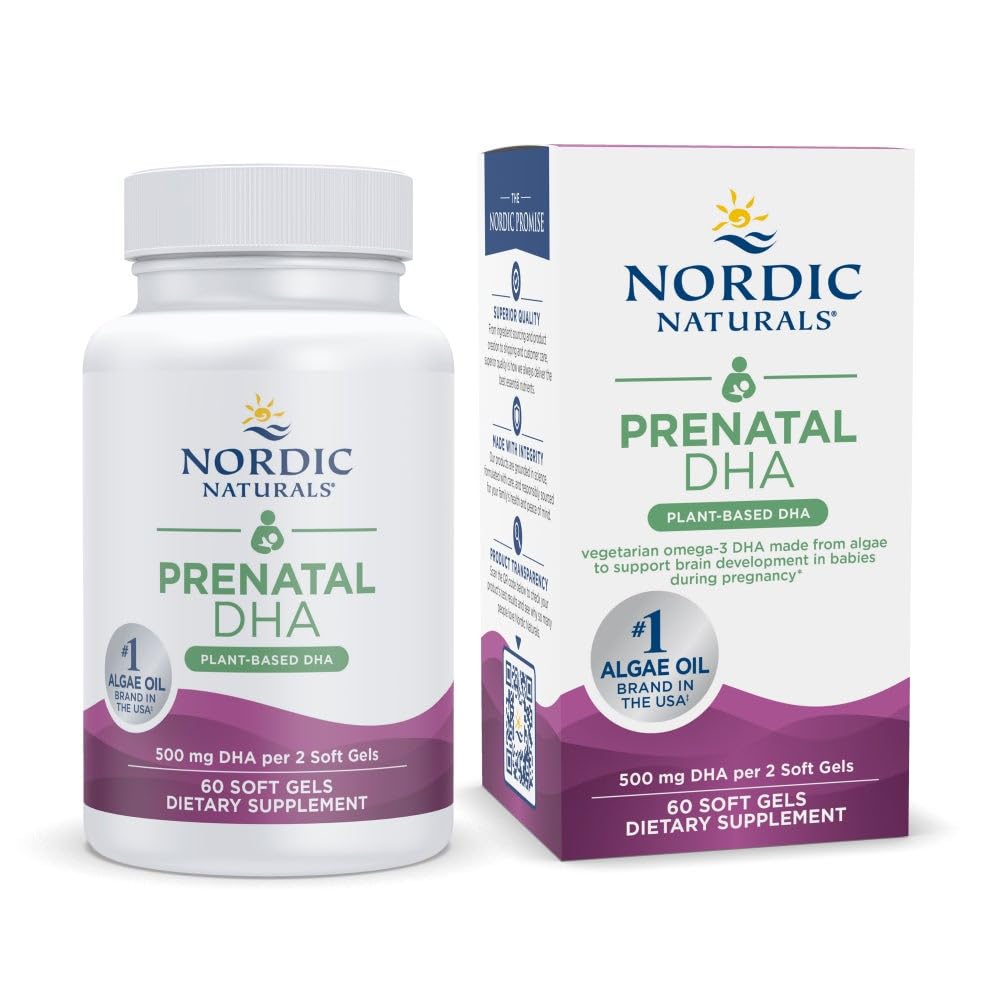 Nordic Naturals Vegan Prenatal DHA, Unflavored - 60 Soft Gels - 500 mg Plant-Based DHA - Bebek ve Sağlıklı Gebelikte Beyin Gelişimini Destekler - Non-GMO - 30 Hizmetler