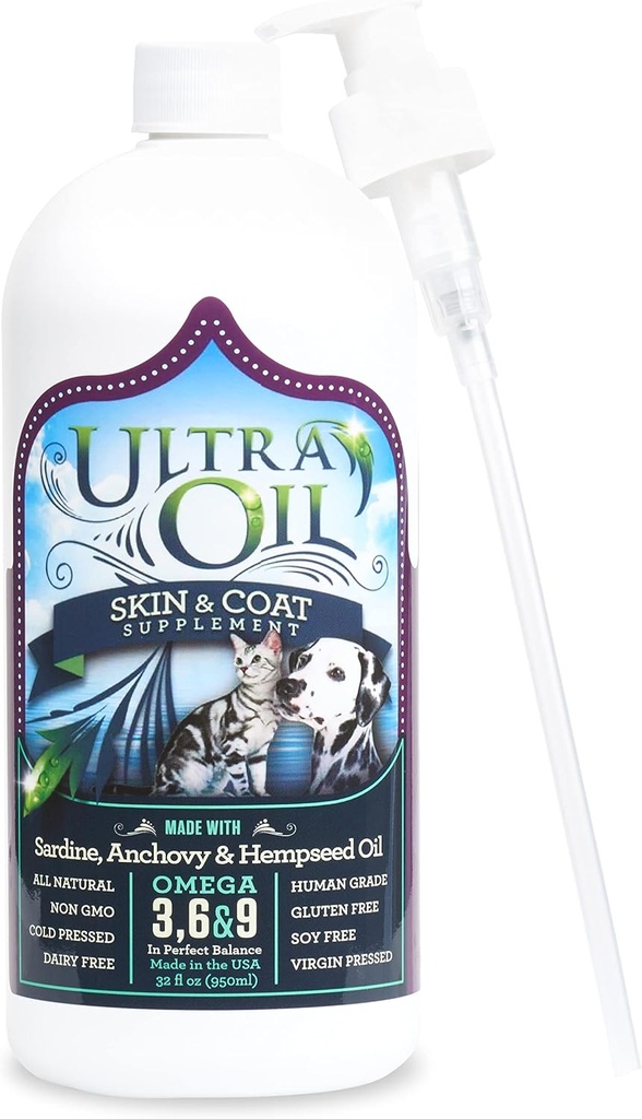 Ultra Oil Dog & Cat Supplement with Hemp, Flaxseed & Fish Oils - 32oz - Kuru Skin için, Dull Coat, Hot Spots, Dandruff, Allergies