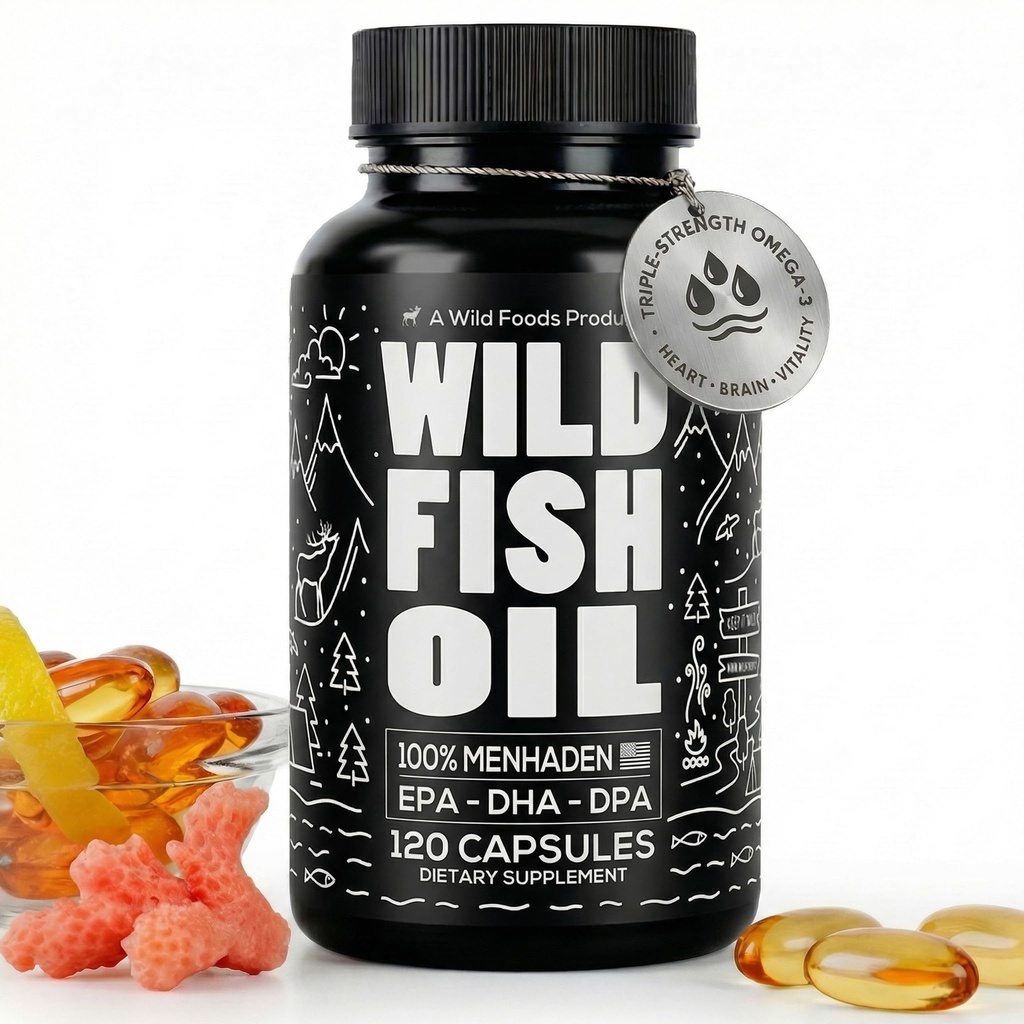 Vahşi Gıdalar Omega 3 Fish Oil Supplement, 120 Capsules (1 pk) | Vahşi Caught, Burpless, Odorless, Non-GMO, Gluten Free | DPA, DHA, EPA Triple Strength Heart & Ortak Beslenme Kadınlar ve Erkekler için